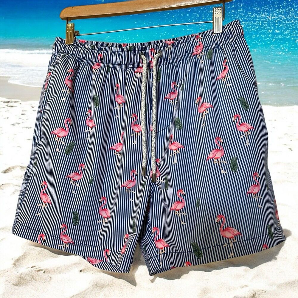 Vintage Summer Swim Trunks Men's Extra Large Blue Flamingo Print Pockets Sport